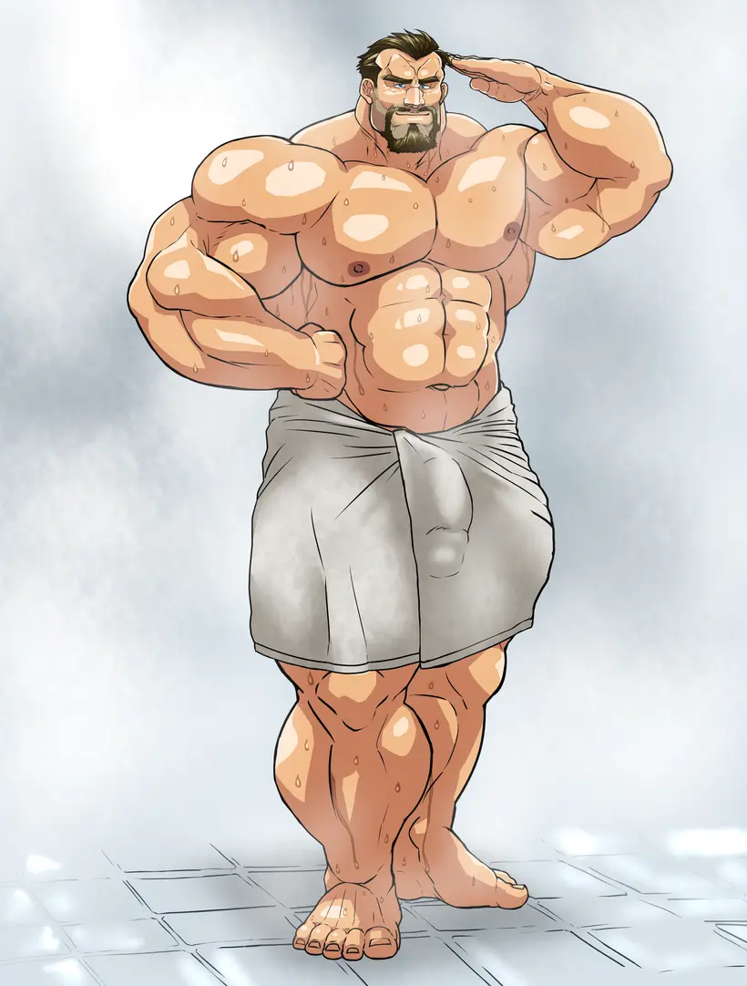 Image human,human_only,solo,male,penis,sweat,muscular,male_only,yaoi,balls,bara,bulge,flaccid,sweating,towel,solo_male,beard,muscles,facial_hair,musk,salute,towel_around_waist,hitenmaru