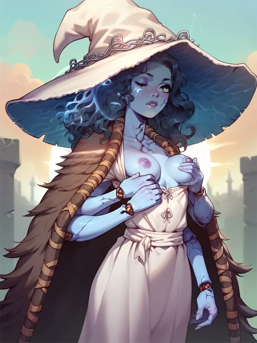 Image female,nipples,blue_eyes,ai_generated,witch_hat,blue_skin,perky_nipples,petite_breasts,cute_girl,elden_ring,fromsoftware,game_character,ranni_the_witch,4_heads,owlai,ranni