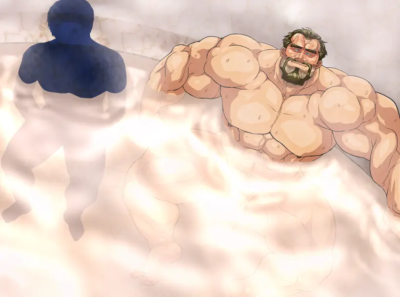 Image blush,male,nude,penis,sweat,muscular,male_only,yaoi,balls,sitting,bara,flaccid,steam,sweating,partially_submerged,beard,muscles,facial_hair,sauna,hitenmaru