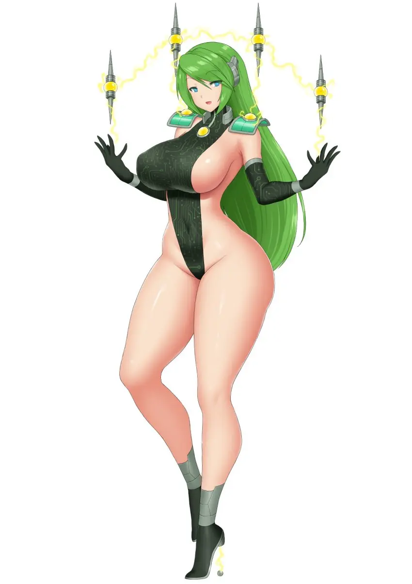 Image female,looking_at_viewer,shiny_skin,blue_eyes,gloves,voluptuous,covered_nipples,eyebrows_visible_through_hair,shiny_hair,voluptuous_female,green_hair,high_heels,covered_pussy,almost_naked,machine,robot,robot_girl,robot_humanoid,transparent_background,almost_nude,android,game_cg,lightning,lightning_bolt,machine_girl,covered_crotch,eden_crest,kainkout,covering_belly