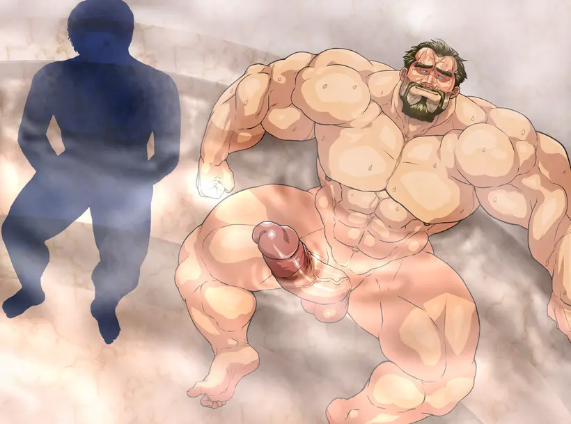 Image blush,male,nude,penis,sweat,big_penis,erection,muscular,male_only,yaoi,balls,sitting,bara,steam,sweating,boner,partially_submerged,beard,muscles,facial_hair,sauna,hitenmaru