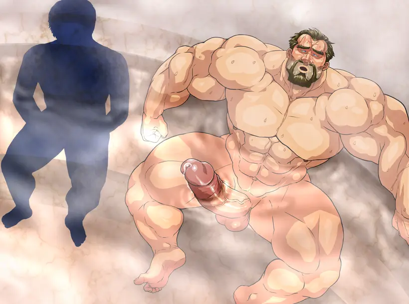 Image blush,male,nude,penis,sweat,big_penis,erection,muscular,male_only,yaoi,balls,sitting,bara,steam,sweating,boner,partially_submerged,beard,muscles,facial_hair,sauna,hitenmaru