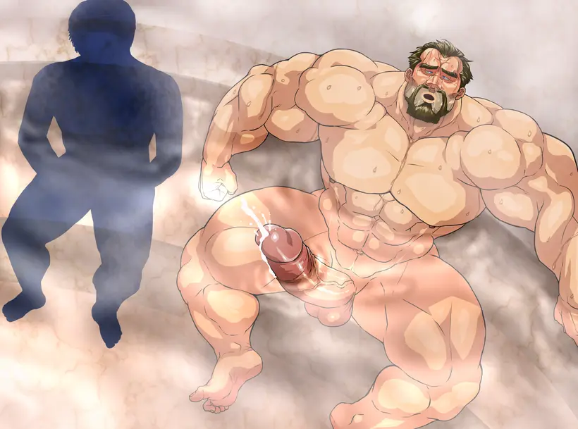 Image blush,cum,male,nude,penis,sweat,big_penis,erection,muscular,male_only,yaoi,balls,sitting,bara,orgasm,steam,sweating,boner,partially_submerged,beard,muscles,facial_hair,sauna,hitenmaru