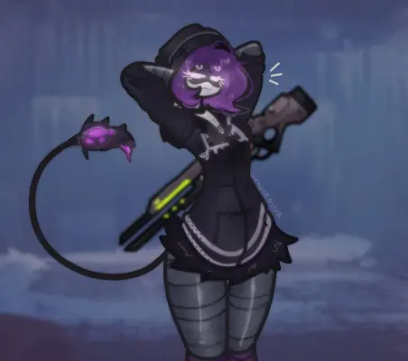 Image 1girls,female,female_only,looking_at_viewer,smile,solo,tail,thick_thighs,humanoid,hands_behind_head,2d,purple_eyes,purple_hair,smug,cute,sweater,weapon,beanie,blurry_background,robot,robot_girl,robot_humanoid,smug_face,gun,murder_drones,uzi_(murder_drones),screen_face,smug_expression,glitch_productions,purple_socks,cupid.bxtch,railgun