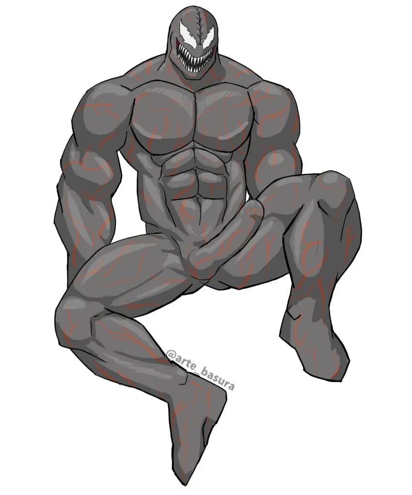 Image smile,solo,male,penis,erection,humanoid,muscular,male_only,yaoi,shadow,teeth,completely_nude,monster,bara,bulge,completely_nude_male,abs,vein,alien,marvel,marvel_comics,monster_boy,body,alien_boy,sharp,symbiote,grey,front,arte_basura,riot_(marvel),venom_(2018)