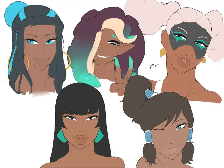 Image female,female_only,smile,white_hair,black_hair,blue_eyes,multiple_girls,pokemon,earrings,dark_skin,wink,dark-skinned_female,nintendo,twintails,nessa_(pokemon),marina_(splatoon),splatoon,splatoon_(series),splatoon_2,tentacle_hair,crossover,octoling,avatar_legends,water_tribe,cyan_eyes,dreamworks,peace_sign,pokemon_ss,nickelodeon,5girls,eastern_and_western_character,korra,the_avatar,the_legend_of_korra,chel,the_road_to_el_dorado,blue_highlights,blue_earrings,smoxul,arms_(game),twintelle,cyan_earrings,cyan_highlights