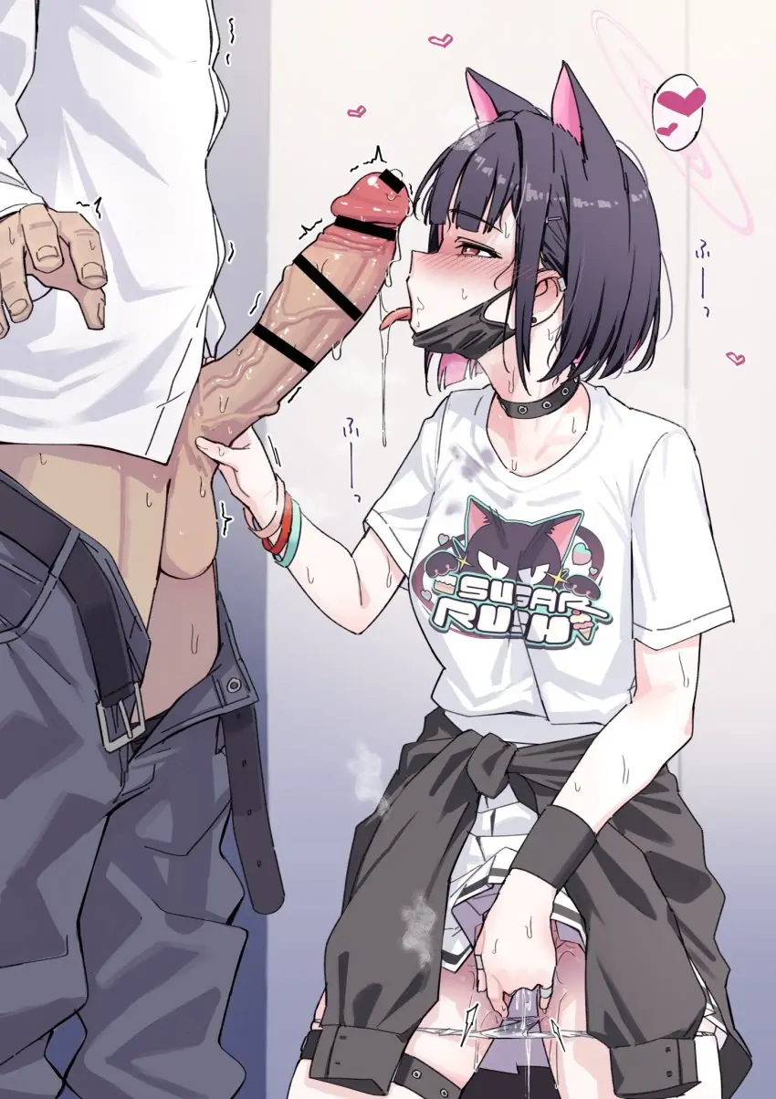 Image female,highres,light-skinned_female,light_skin,open_mouth,red_eyes,1boy,animal_ears,black_hair,licking,licking_penis,male,oral,penis,short_hair,tongue_out,blue_archive,choker,panties,tongue,big_penis,fellatio,multicolored_hair,cat_ears,cat_girl,balls,drool_string,drooling,huge_cock,pink_hair,pink_eyes,pussy_juice,school_uniform,censored,saliva,masturbation,precum,white_panties,two-tone_hair,serafuku,black_choker,heart,foreskin,uncircumcised,censor_bar,panties_down,precum_drip,retracted_foreskin,pussy_juice_drip,penis_awe,trinity_general_school_student,masturbating_during_fellatio,after-school_sweets_club_(blue_archive),kazusa_(blue_archive),nameco_(nameco_h)