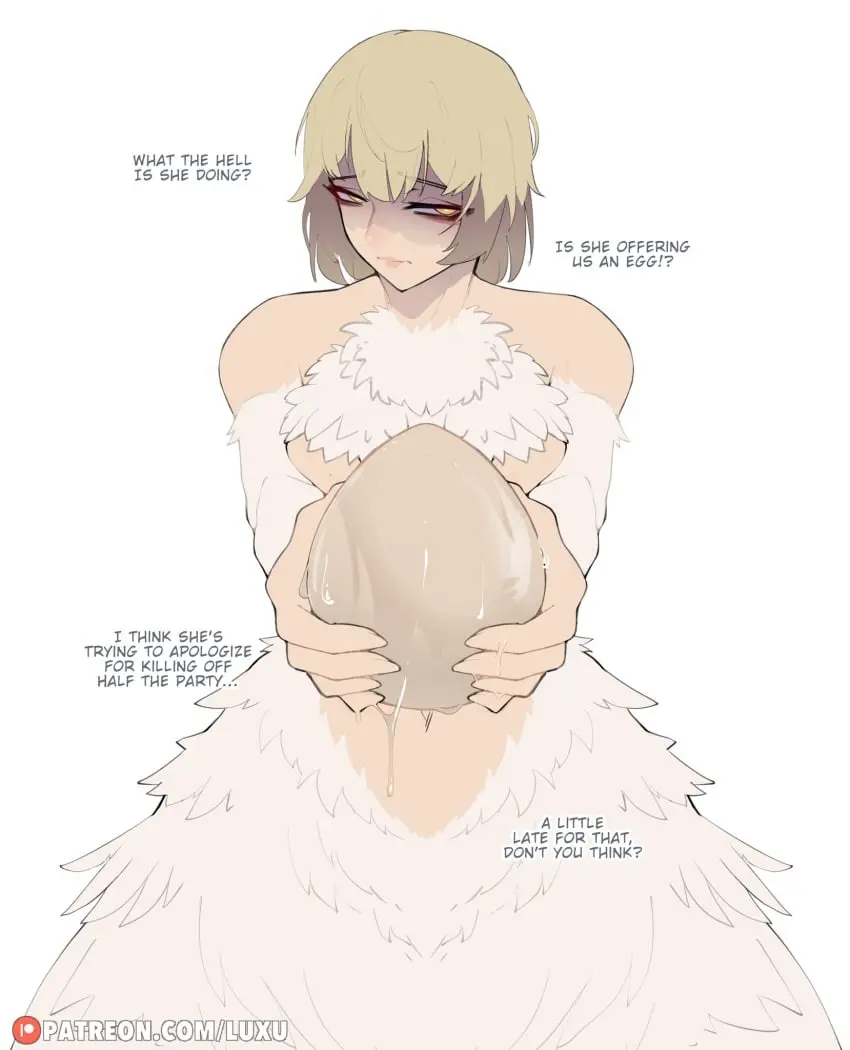 Image 1girls,female,female_only,hi_res,solo,white_background,yellow_eyes,feathers,text,blonde_hair,monster_girl,medium_hair,english_text,narrowed_eyes,offering,white_feathers,dungeon_meshi,chimera,egg,taur,offering_to_viewer,falin_touden,delicious_in_dungeon,luxurias,falin_touden_(chimera)