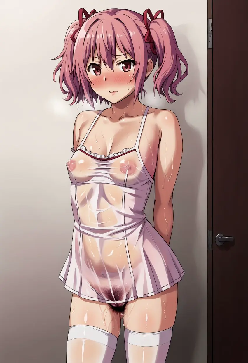 Image blush,nude,wet_skin,ai_generated,pink_hair,2d,madoka_kaname,mahou_shoujo_madoka_magica,pink_eyes,puella_magi_madoka_magica,shiroppo,dress,bedroom,hairy_pussy,wet_clothes,wet_clothing,oppai