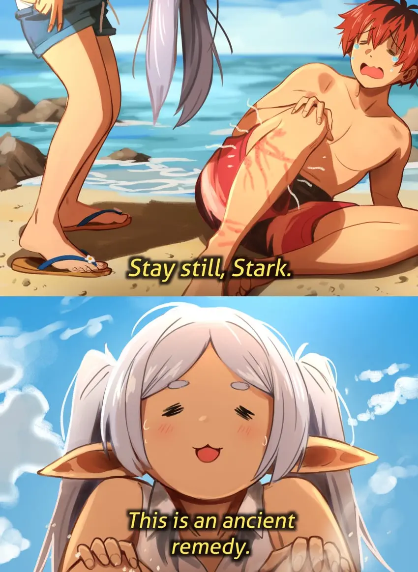 Image 1girls,female,1boy,male,beach,elf,pointy_ears,twintails,shorts,elf_ears,elf_female,elf_girl,frieren,sousou_no_frieren,stark_(sousou_no_frieren),meme,sandals,peeing,flip_flops,beach_background,peeing_on_another,urine,funny,twintails_(hairstyle),urine_drip,jellyfish,urine_splatter,imminent_peeing,khyleri,pissed_on