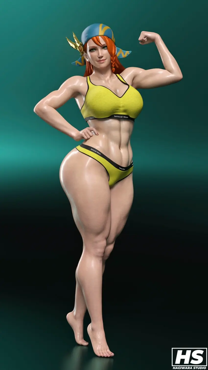 Image 1girls,breasts,female,female_only,highres,solo,muscular,sports_bra,sportswear,orange_hair,green_eyes,3d,high_resolution,abs,ginger_hair,muscular_female,capcom,monster_hunter,bandana,monster_hunter_rise,hagiwara_studio,minayle