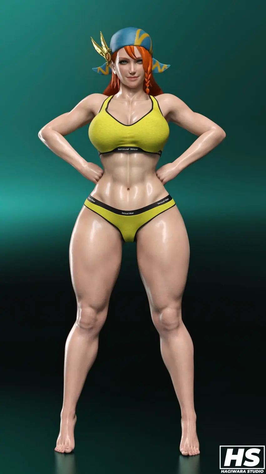 Image 1girls,breasts,female,female_only,highres,solo,muscular,sports_bra,sportswear,orange_hair,green_eyes,3d,high_resolution,abs,ginger_hair,muscular_female,capcom,monster_hunter,bandana,monster_hunter_rise,hagiwara_studio,minayle