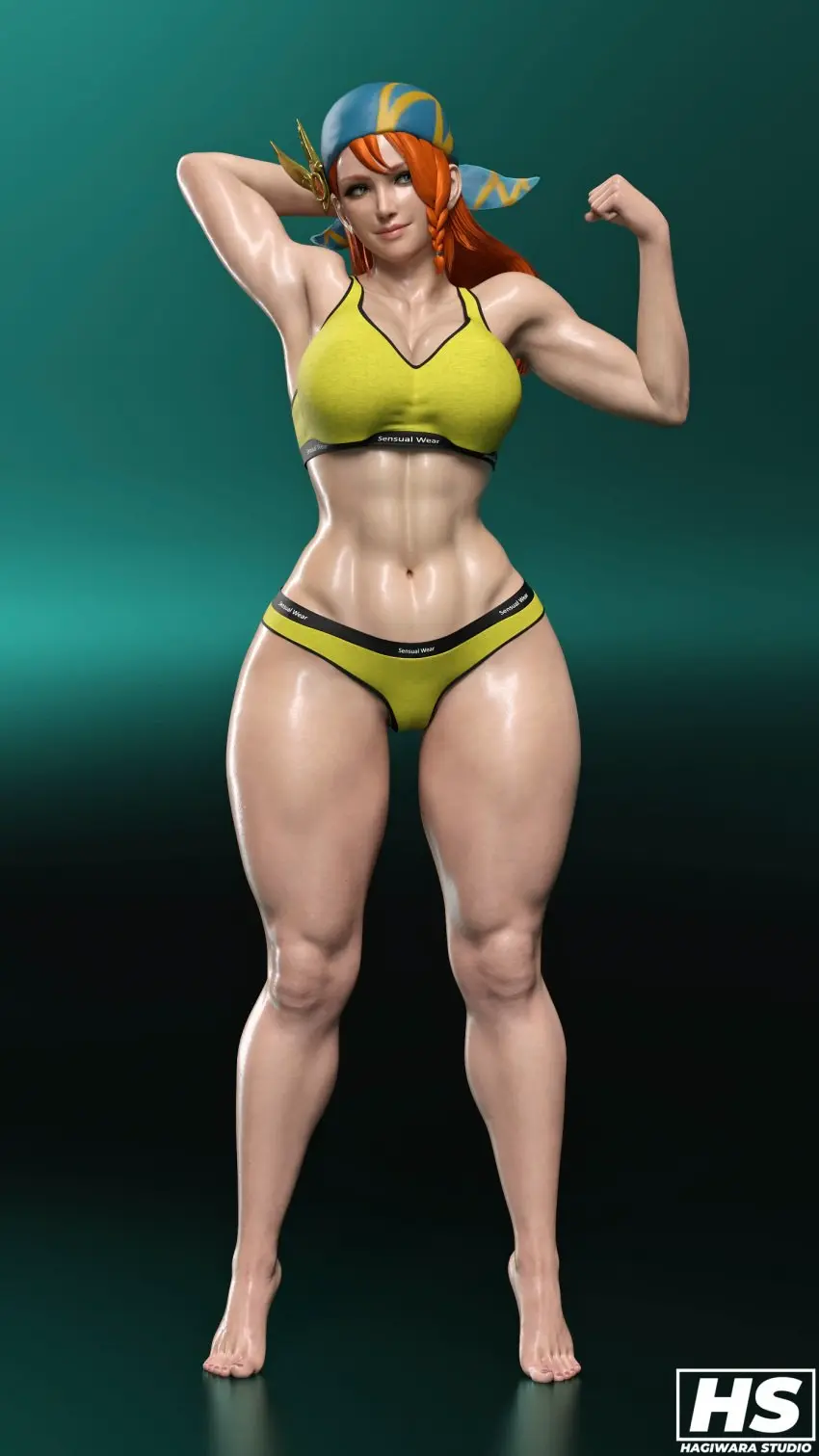 Image 1girls,breasts,female,female_only,highres,solo,muscular,sports_bra,sportswear,orange_hair,green_eyes,3d,high_resolution,abs,ginger_hair,muscular_female,capcom,monster_hunter,bandana,monster_hunter_rise,hagiwara_studio,minayle