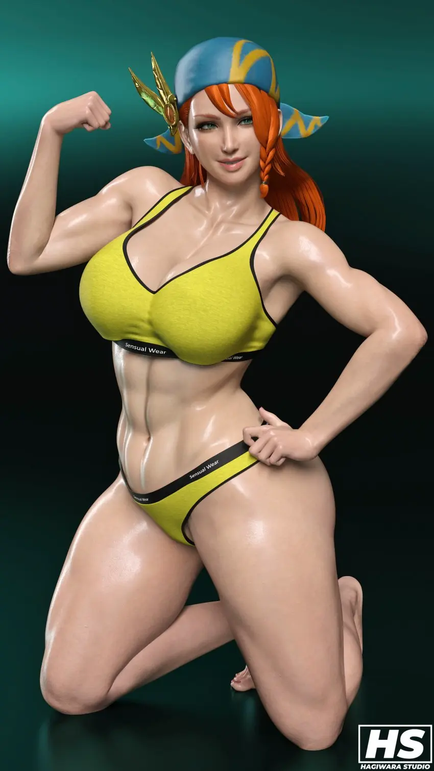 Image 1girls,breasts,female,female_only,highres,solo,muscular,sports_bra,sportswear,orange_hair,green_eyes,3d,high_resolution,abs,ginger_hair,muscular_female,capcom,monster_hunter,bandana,monster_hunter_rise,hagiwara_studio,minayle