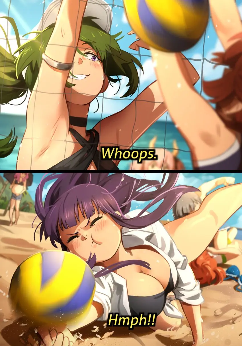 Image big_breasts, breasts, female, female_only, multiple_girls, beach, pregnant, pregnant_female, swimsuit, purple_hair, green_hair, sousou_no_frieren, english_text, fern_(sousou_no_frieren), swimwear, girls_only, meme, catfight, fight, beach_background, fighting, funny, volleyball_(ball), volleyball, ubel_(sousou_no_frieren), volleyball_net, aura_(sousou_no_frieren), khyleri