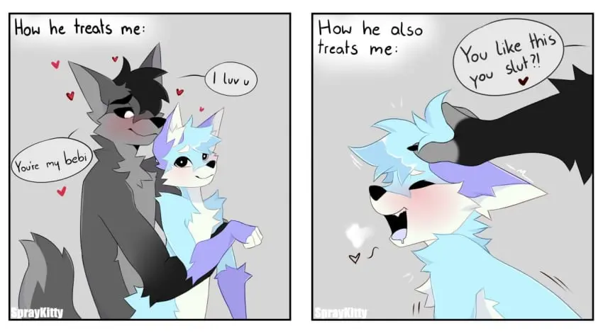Image blush,open_mouth,simple_background,smile,standing,male,nude,tail,tongue,sex,duo,male/male,digital_media_(artwork),from_behind_position,anthro,text,closed_eyes,looking_pleasured,comic,romantic,romantic_couple,canid,canine,canis,fur,mammal,wolf,claws,looking_at_another,motion_lines,eye_contact,english_text,2024,speech_bubble,breath,signature,fox,meme,heart_symbol,love,suggestive,embrace,hug,tremble_spikes,two_panel_image,spraykitty