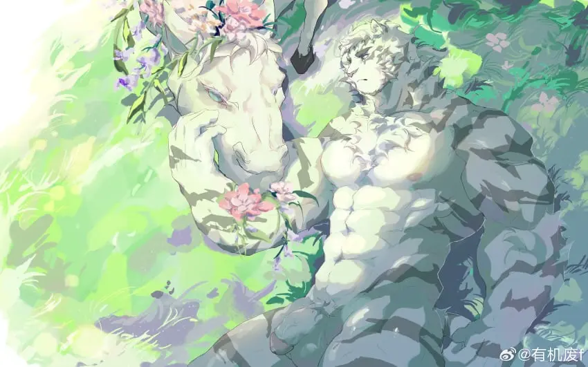Image cowboy_shot, highres, nipples, solo, white_hair, 1boy, absurdres, animal_ears, male, navel, nude, penis, short_hair, lying, on_back, furry, thick_thighs, thighs, uncensored, muscular, muscular_male, arknights, yaoi, completely_nude, from_above, bara, flaccid, thick_eyebrows, stomach, flower, male_focus, abs, pectorals, furry_male, horse, facial_hair, large_pectorals, grass, affectionate, petting, goatee, large_hands, tiger_ears, mountain_(arknights), neck_fur, tiger_boy, you_ji_fei_f