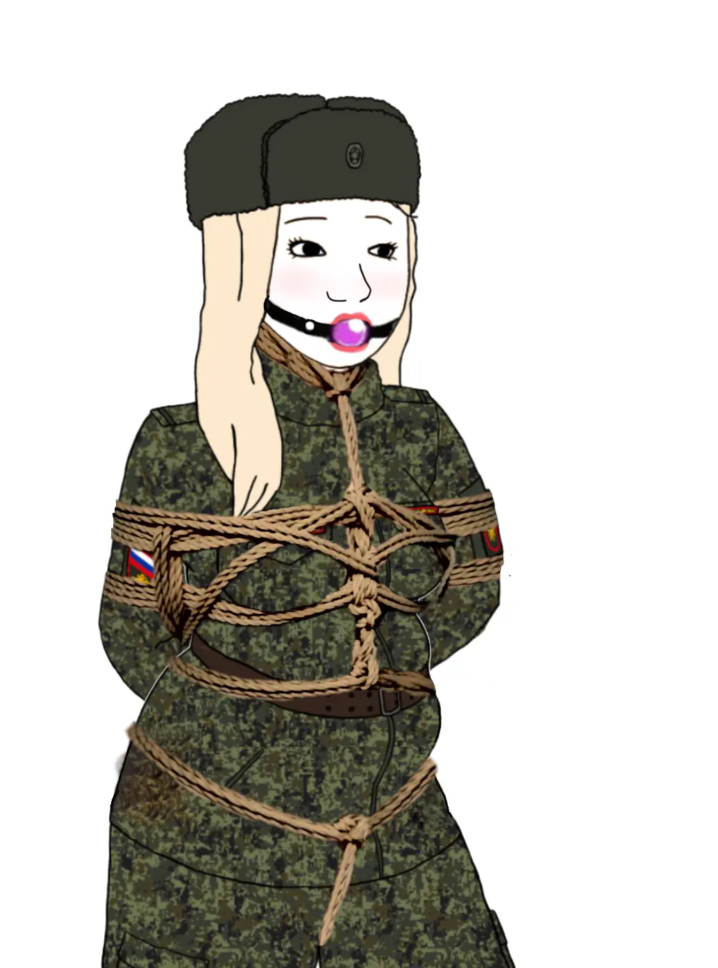 Image breasts,female,pants,solo,short_hair,panties,ass,small_breasts,belly,drooling,blonde_hair,crying,original,humiliation,helpless,stomach,eyeshadow,makeup,bondage,military_uniform,third-party_edit,denim,ball_gag,bound,gag,gagged,light,military,rope,struggling,legs_tied,prisoner,rope_around_neck,hands_tied_behind_back,hands_behind,trad_girl,tradwife,wojak