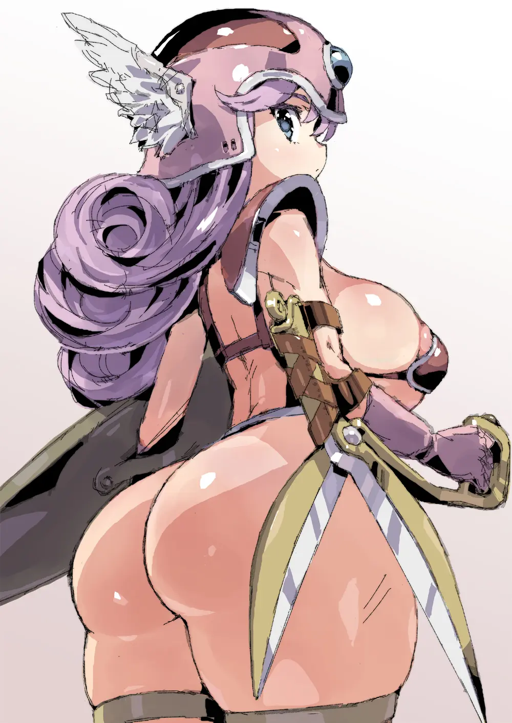 Image 1girls,2023,breasts,clothing,female,female_only,highres,looking_at_viewer,simple_background,solo,standing,white_background,blue_eyes,gloves,ass,curly_hair,huge_ass,looking_back,thick_thighs,thighs,wide_hips,areolae,jewelry,sideboob,huge_breasts,wings,back,purple_hair,skindentation,revealing_clothes,holding_weapon,thigh_strap,areola_slip,armor,helmet,scissors,pink_gloves,shield,bikini_armor,winged_helmet,shoulder_pads,dragon_quest,holding_shield,dragon_quest_iii,petitdry,holding_scissors,soldier_(dq3)