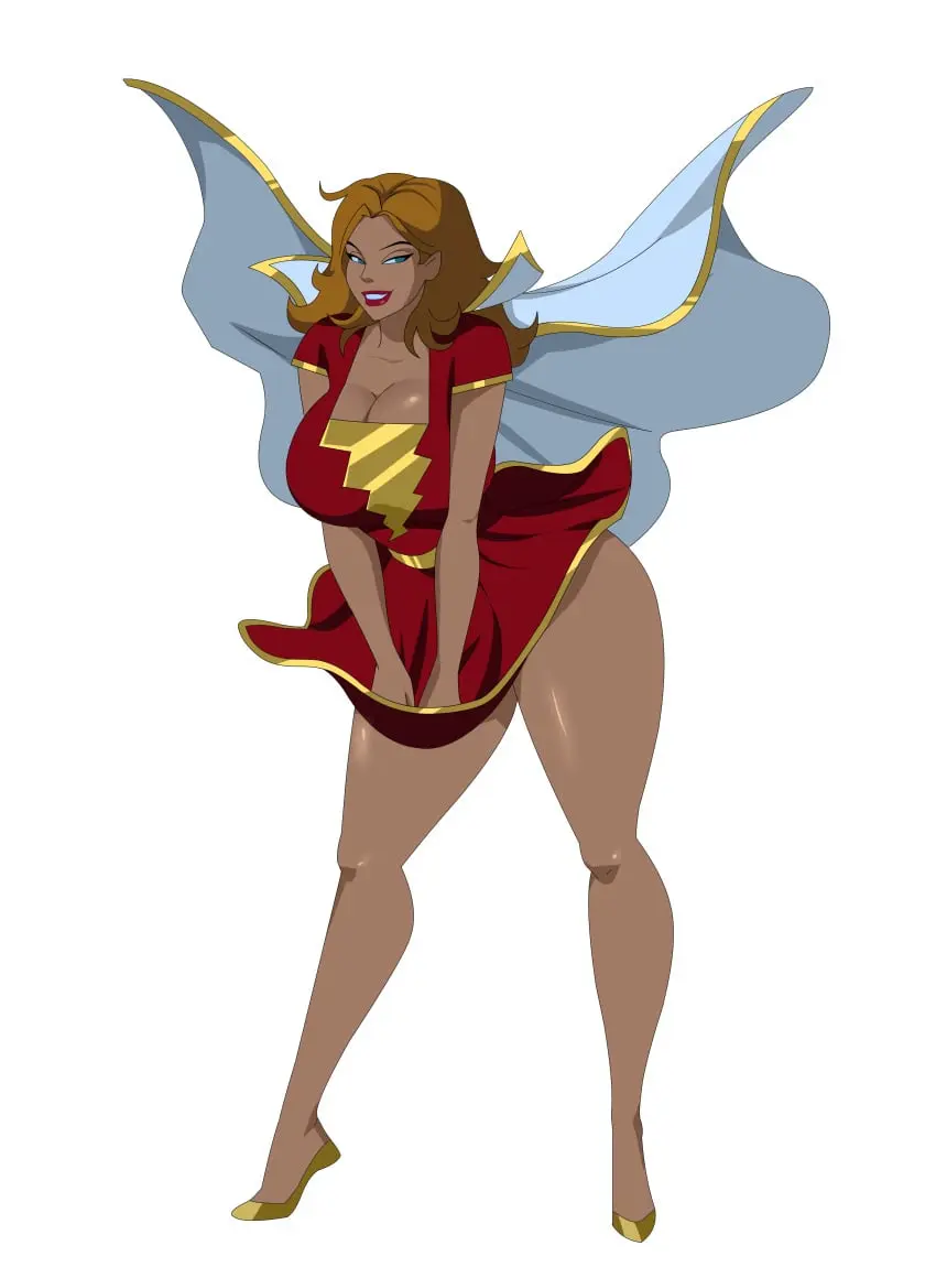 Image big_breasts,breasts,female,smiling_at_viewer,lipstick,dc,dc_comics,big_thighs,skirt_lift,superheroine,upskirt,auburn_hair,ghostlessm,mary_marvel
