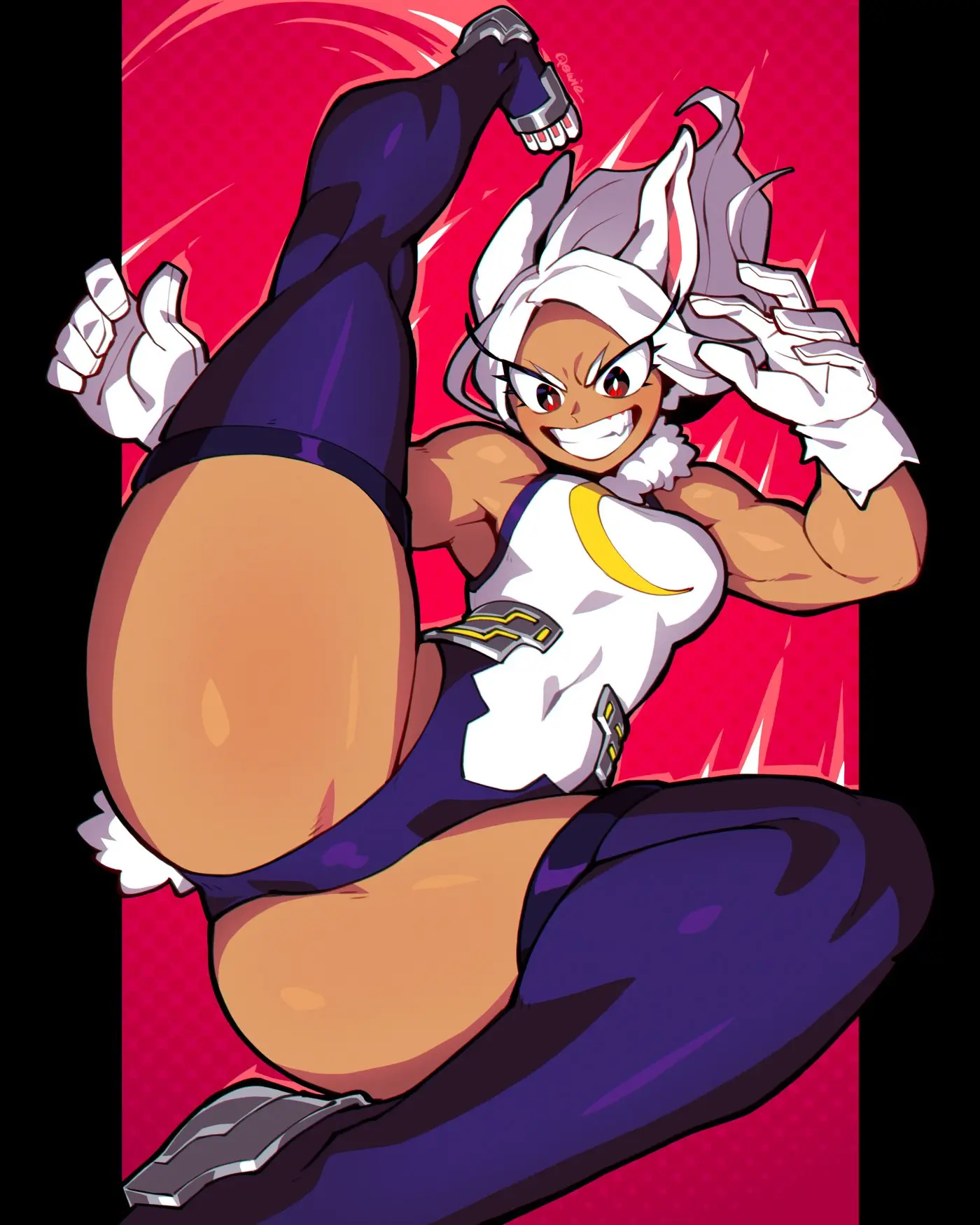 Image 1girls,female,red_eyes,smile,white_hair,gloves,male,ass,thick_thighs,thighs,dark_skin,muscular,muscular_male,my_hero_academia,bunny_ears,bunny_girl,dark-skinned_female,tight_clothing,bunny_tail,muscular_female,superheroine,miruko,rumi_usagiyama,long_eyelashes,hero_outfit_(mha),kicking,flying_kick,333_(dqqqdle)