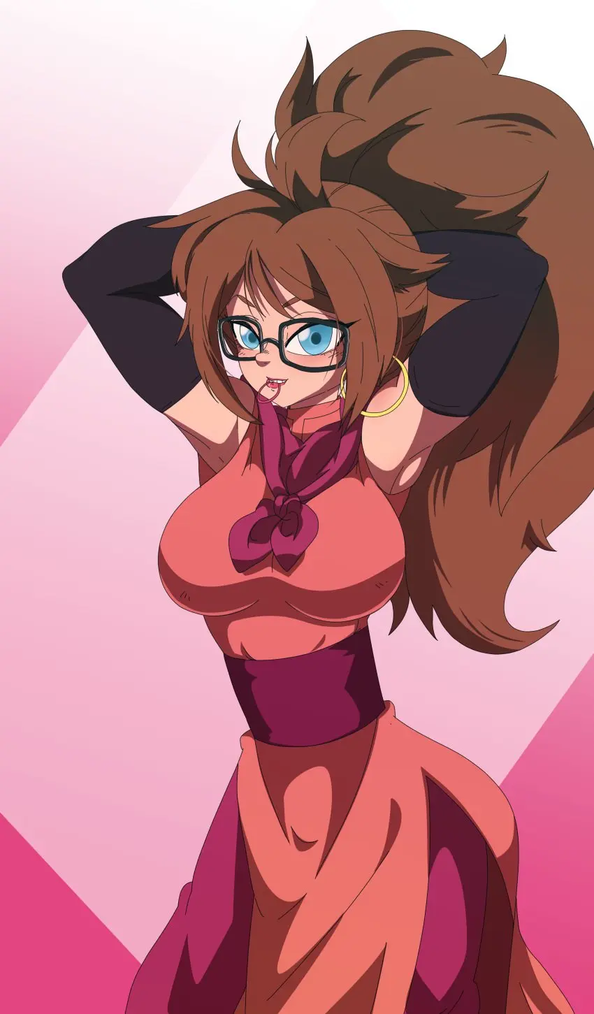 Image 1girls,female,light-skinned_female,light_skin,blue_eyes,earrings,ponytail,glasses,dragon_ball,busty,curvy,brown_hair,tight_clothing,small_waist,android_21,android_21_(human),dragon_ball_fighterz,tying_hair,chesterzee,chichi_(cosplay),rubberband