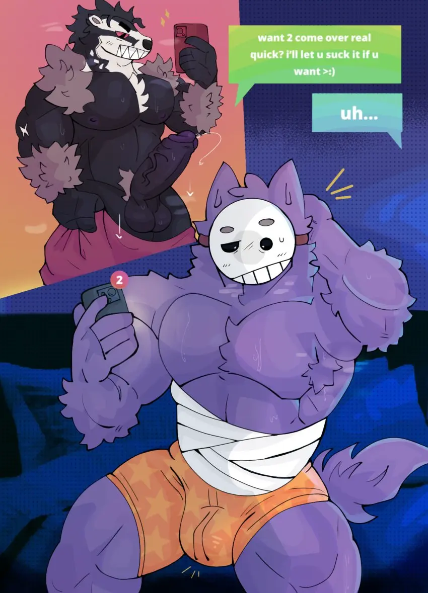 Image blush,male,penis,pokemon,pokemon_(species),tail,muscular,2boys,male_only,yaoi,anthro,purple_fur,text,swimsuit,original_character,gay,bed,bara,bulge,night,canine,precum,thick_penis,white_fur,phone,black_sclera,generation_8_pokemon,mask,black_fur,bandages,armpit_hair,musk_clouds,request,red_sclera,texting,white_pupils,mentholplug,slurpjunkk,badger,message,jack_(greyhorned),keda_(whybother56/nothing_much),obstagoon