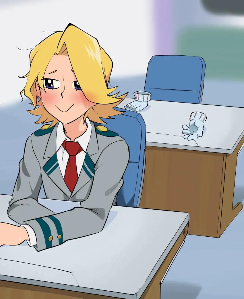 Image 1girls,blush,female,female_only,1boy,gloves,male,background,smiling,solo_focus,my_hero_academia,after_sex,implied_after_sex,tooru_hagakure,aoyama_yuuga,yuuga_aoyama,hagakure_tooru_(invisible),invisible_girl,tooru_hagakure_(invisible),sitting_at_desk,hagakure_tooru,joshin