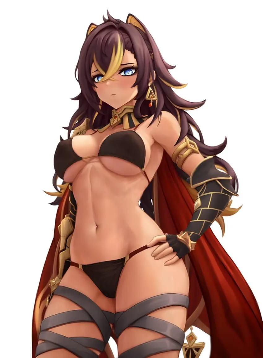 Image 1girls,big_breasts,breasts,female,female_only,long_hair,looking_at_viewer,simple_background,bikini,two_tone_hair,armpits,belly,belly_button,tagme,slim,genshin_impact,hand_on_hip,slim_waist,cape,two-tone_hair,ear_piercing,bikini_top,feet_out_of_frame,emotionless,bikini_bottom,neckwear,nipple_bulge,thigh_strap,armwear,messy_hair,emotionless_female,nipples_bulge,lowleg,lowleg_bikini,dehya_(genshin_impact),hair_ears,lowleg_panties,kinoko_kun