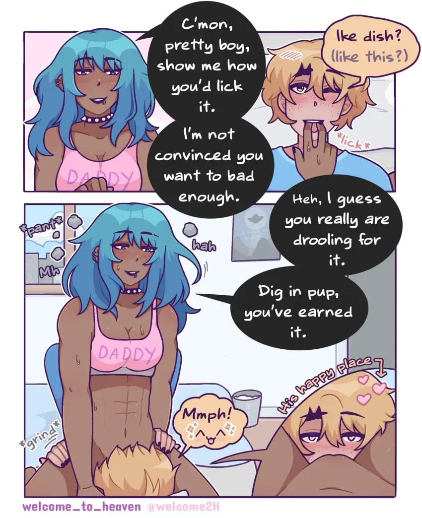 Image 1girls,female,1boy,blue_eyes,blue_hair,heart-shaped_pupils,male,oral,sweat,yellow_eyes,choker,sex,freckles,muscular,sports_bra,earring,light-skinned_male,blonde_hair,finger_in_mouth,dark-skinned_female,bed,indoors,comic,oral_sex,bedroom,straddling,bottomless,heart,submissive_male,cunnilingus,sweating,hearts_around_head,abs,dominant_female,muscular_female,painted_nails,femdom,moaning,panting,malesub,grinding,lip_piercing,eating_pussy,nonbinary,male_with_painted_nails,pretty_boy,^w^,colin_(welcome_to_heaven),grinding_on_face,sae_(welcome_to_heaven),welcome_to_heaven