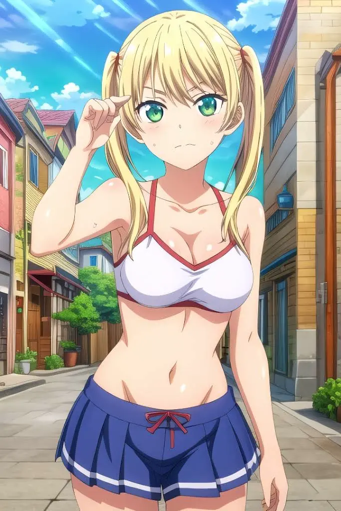Image 1girls,female,standing,belly,belly_button,white_bra,blonde_hair,green_eyes,open_eyes,blue_skirt,city_background,hoshizaki_rika,kanojo_mo_kanojo