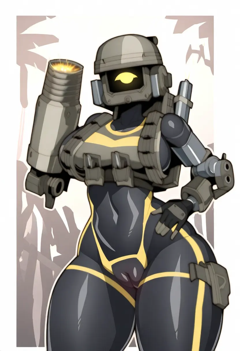 Image 1girls, female, solo, pussy, yellow_eyes, thick_thighs, ai_generated, black_body, uniform, robot, robot_girl, helldivers, helldivers_2, helmet, altra_x