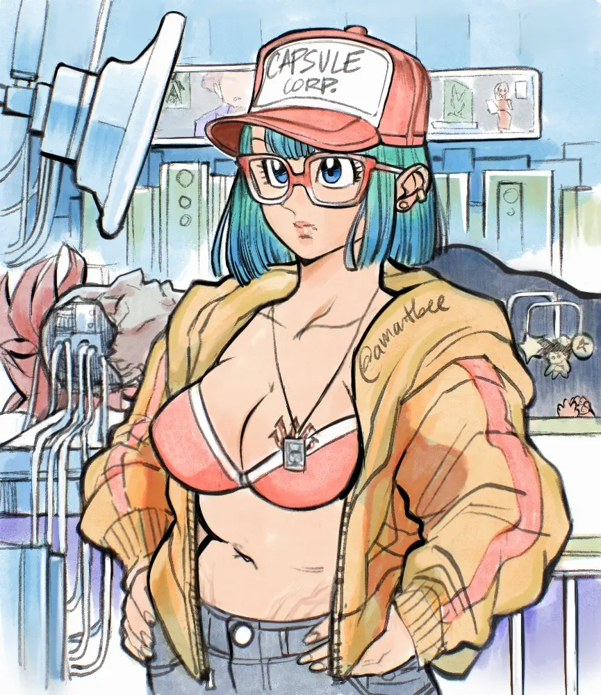 Image 1girls,female,light-skinned_female,light_skin,blue_eyes,milf,cleavage,glasses,dragon_ball,dragon_ball_z,busty,artist_signature,jacket,bikini_top,bulma_briefs,pierced_ears,stretch_marks,bulma,teal_hair,trucker_hat,amartbee,android_16,bulma_briefs_(androids'_saga),bulma_briefs_(cell_saga)