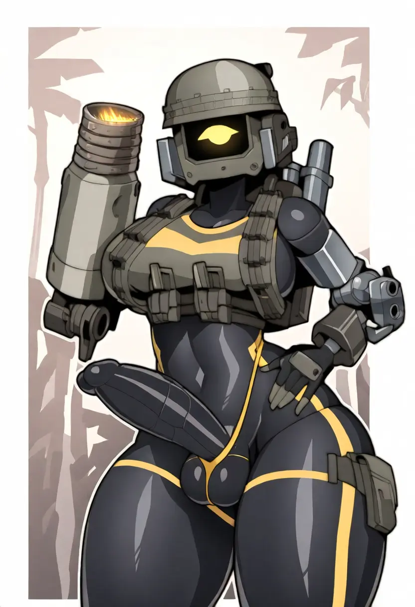 Image 1girls,female,solo,penis,yellow_eyes,thick_thighs,1futa,futanari,intersex,ai_generated,balls,testicles,black_body,uniform,robot,robot_girl,helldivers,helldivers_2,helmet,altra_x