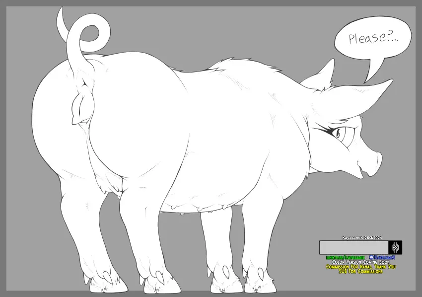 Image female,hi_res,open_mouth,simple_background,solo,pussy,tail,ass,text,anus,absurd_res,presenting,black_and_white,monochrome,fur,genitals,mammal,dialogue,detailed,2024,line_art,logo,suid,suina,sus_(pig),animal_genitalia,toony,raised_tail,feral,presenting_pussy,animal_pussy,presenting_anus,traditional_media_(artwork),domestic_pig,kayasamix