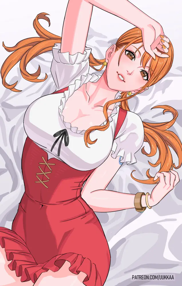 Image 1girls,big_breasts,breasts,brown_eyes,female,female_only,light-skinned_female,light_skin,long_hair,smile,earrings,one_piece,patreon_username,smiling_at_viewer,nami_(one_piece),orange_hair,post-timeskip,smile_at_viewer,tattoo,tattoo_on_arm,busty,curvy,lying_on_bed,tight_clothing,ribbon,bracelet,laying_down,painted_nails,laying_on_back,black_ribbon,lying_on_back,bracelets,painted_fingernails,pigtails,dirndl,orange_nails,orange_nail_polish,uukkaa,whole_cake_island