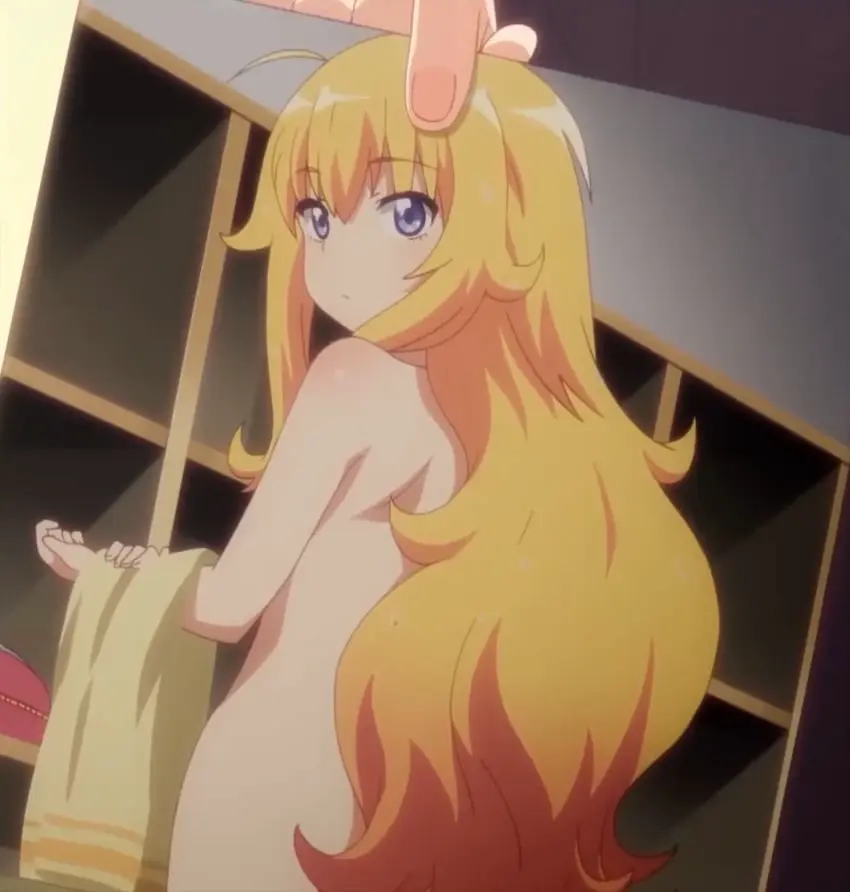Image 1girls,female,female_only,looking_at_viewer,blue_eyes,blonde_hair,naked,canonical_scene,holding_towel,anime_screencap,photograph,photographic_proof,gabriel_dropout,tenma_gabriel_white