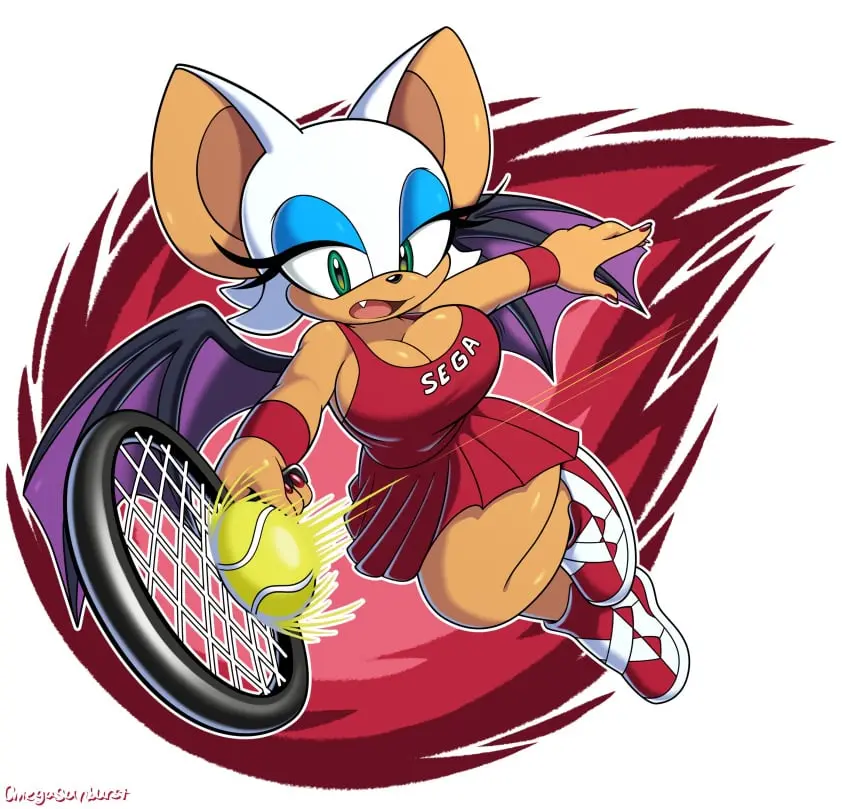 Image 1girls,big_breasts,breasts,female,artist_name,cleavage,green_eyes,busty,skirt,sonic_(series),sonic_the_hedgehog_(series),orange_skin,white_fur,bat_wings,rouge_the_bat,tennis_shoes,blue_eyeshadow,tennis_ball,tennis_uniform,omegasunburst,bat_girl,bat_ears,tennis_racket