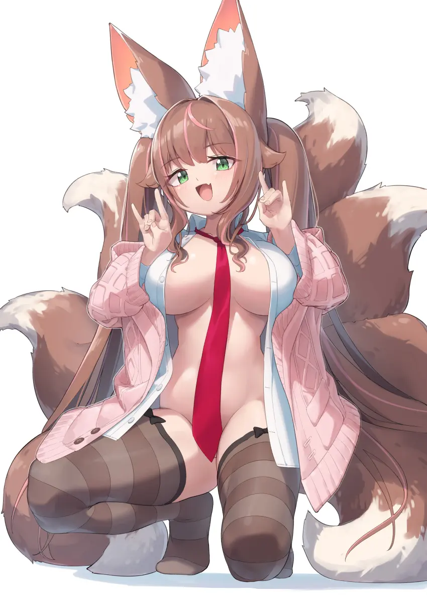 Image big_breasts,breasts,collared_shirt,female,open_shirt,smile,very_long_hair,thighhighs,convenient_censoring,cute_fang,thick_thighs,wide_hips,green_eyes,brown_hair,smug,cute,white_shirt,hair_flaps,squatting,fox_ears,fox_girl,fox_tail,:3,:d,necktie,blush_lines,gesture,fingernails,brown_tail,skeb_commission,slender_waist,cardigan,long_twintails,center_opening,censored_nipples,kneesocks,pink_vest,zettai_ryouiki,6_tails,arukiru,pink_cardigan,striped_kneehighs