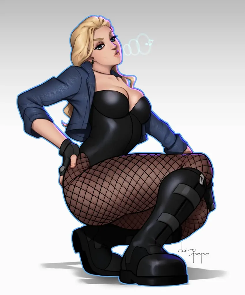 Image 1girls,female,light-skinned_female,light_skin,blue_eyes,gloves,artist_name,cleavage,blonde_hair,busty,jacket,squatting,eyeshadow,dc,dc_comics,fishnets,boots,fishnet_legwear,pierced_ears,black_canary,whistle,dinah_lance,green_arrow_(series),combat_boots,pope_of_dairy