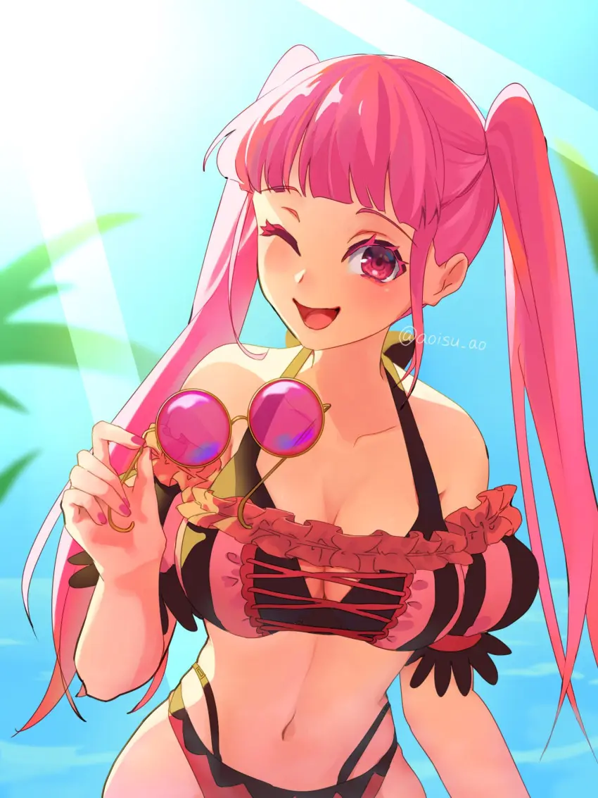 Image 1girls,breasts,female,female_only,highres,large_breasts,long_hair,looking_at_viewer,open_mouth,smile,solo,blunt_bangs,navel,bikini,cleavage,pink_hair,pink_eyes,one_eye_closed,wink,winking_at_viewer,swimsuit,nail_polish,nintendo,outdoors,twintails,official_alternate_costume,alternate_costume,stomach,holding,fire_emblem,fire_emblem:_three_houses,hilda_valentine_goneril,fire_emblem_heroes,painted_nails,pink_nails,sunlight,sunglasses,tinted_eyewear,pink-tinted_eyewear,twitter_username,pink_bikini,round_eyewear,pink_swimsuit,hilda_valentine_goneril_(summer),eyewear_removed,aoisu_ao,holding_removed_eyewear,sunglasses_removed,unworn_eyewear
