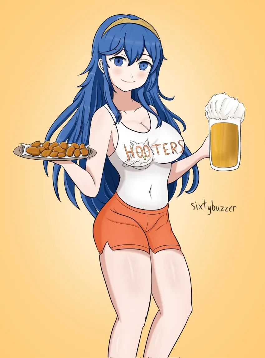 Image breasts,female,female_only,solo,blue_eyes,blue_hair,nintendo,alternate_costume,fire_emblem,fire_emblem_awakening,lucina_(fire_emblem),waitress,hooters,sixtybuzzer,hooters_uniform
