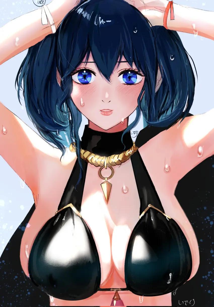 Image breasts,female,female_only,looking_at_viewer,solo,blue_eyes,blue_hair,swimsuit,nintendo,official_alternate_costume,alternate_costume,black_bikini,fire_emblem,fire_emblem:_three_houses,fire_emblem_heroes,byleth_(fire_emblem),black_swimsuit,byleth_(fire_emblem)_(female),shiro_zakuro