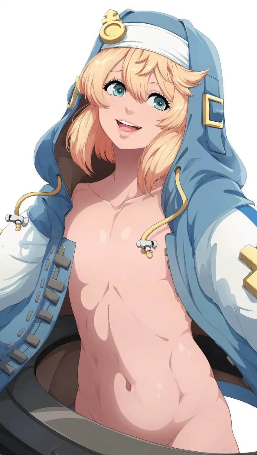 Image open_clothes,open_mouth,smile,solo,standing,white_background,1boy,blue_eyes,male,convenient_censoring,femboy,male_only,belly,belly_button,2d,blonde_hair,medium_hair,jacket,hood_up,hoodie,ai_assisted,open_jacket,mostly_nude,jacket_only,handcuffs,arc_system_works,tomgirl,bridget,guilty_gear,source,guilty_gear_strive,hooded_jacket,covered_crotch,manah_(artist),obscured_nipples