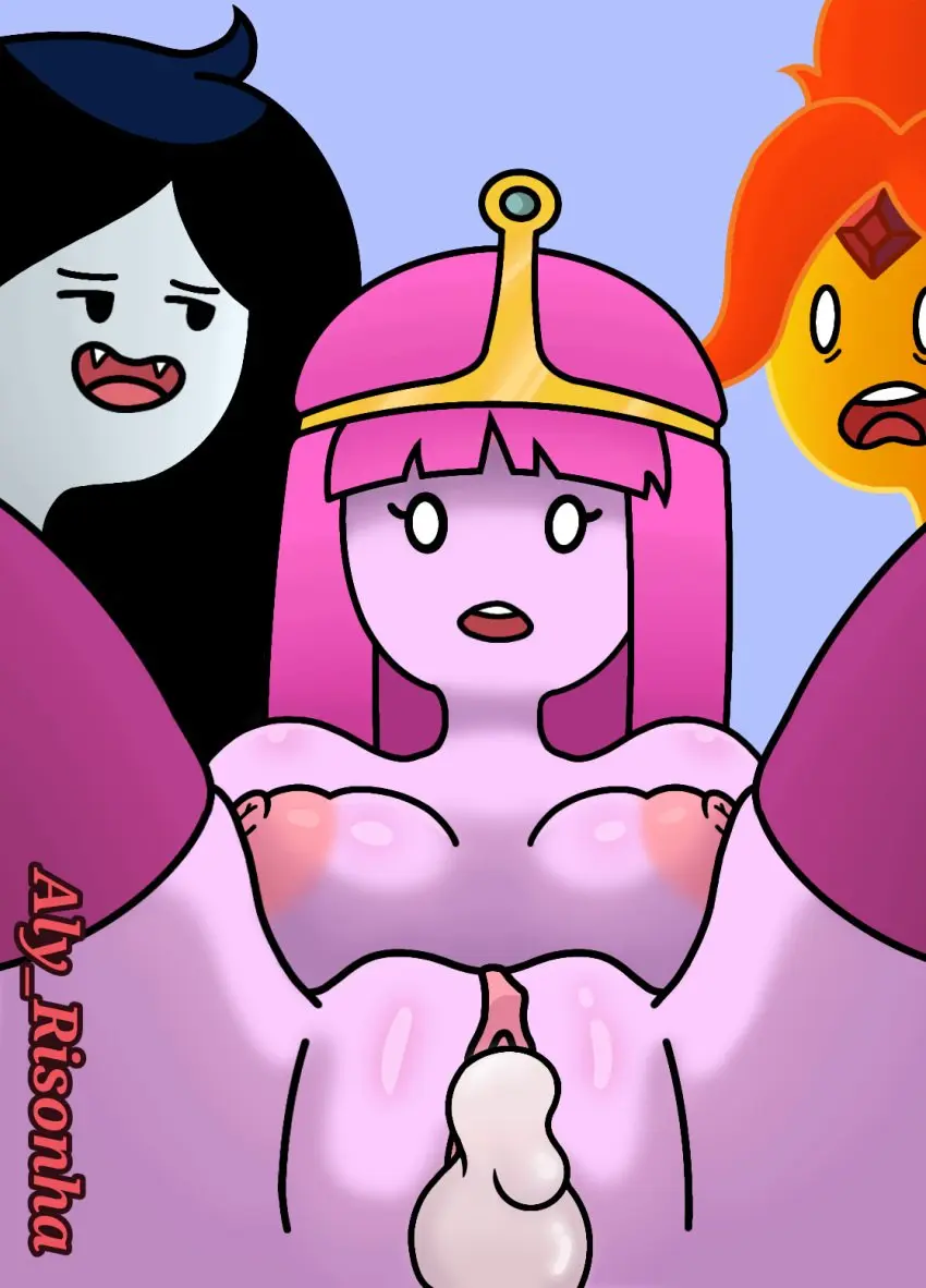 Image breasts, female, large_breasts, looking_at_viewer, thigh_socks, pink_hair, cum_in_pussy, after_sex, vampire_girl, pink_body, pink_skin, adventure_time, princess_bubblegum, marceline, marceline_abadeer, flame_princess, aly_risonha