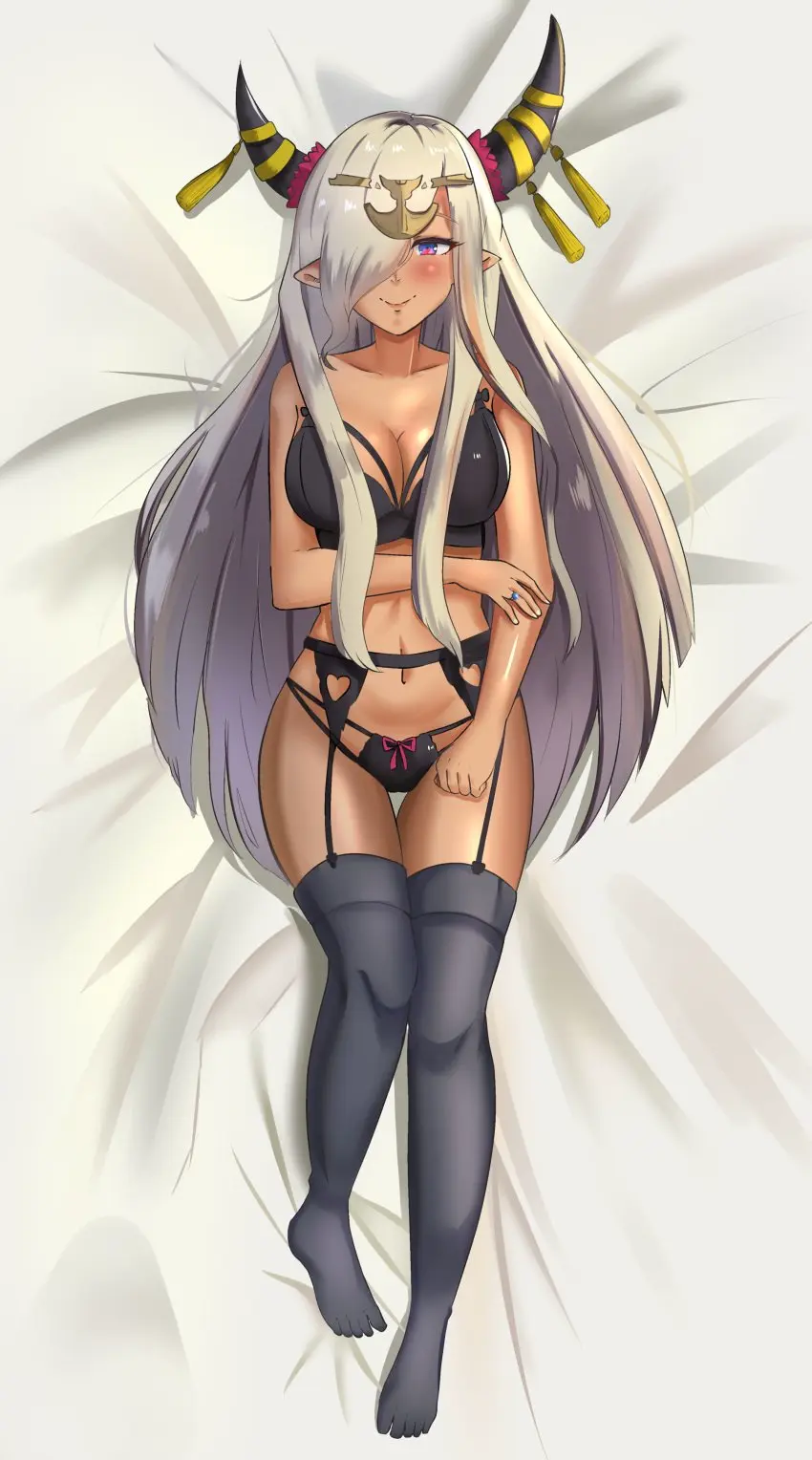 Image 1girls,breasts,female,female_only,grey_hair,large_breasts,long_hair,looking_at_viewer,red_eyes,solo,very_long_hair,thighhighs,bed_sheet,on_back,bra,panties,underwear,thighs,hair_over_one_eye,dark_skin,horns,bare_thighs,cleavage,purple_eyes,dark-skinned_female,nintendo,black_panties,fire_emblem,full_body,garter_belt,dakimakura,fire_emblem_engage,black_bra,zelestia_(fire_emblem),zipperqr