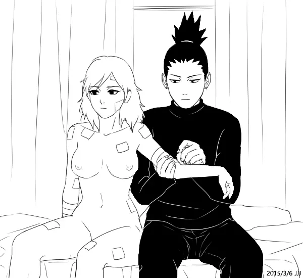 Image breasts,female,nipples,1boy,male,navel,nude,earrings,artist_name,jewelry,sitting,couple,bed,monochrome,naruto,naruto_(series),naruto_shippuden,clothed_male_nude_female,dated,bandages,hair_down,10s,2015,temari,teenage_couple,nara_shikamaru,jjj_(dbsgh8573)