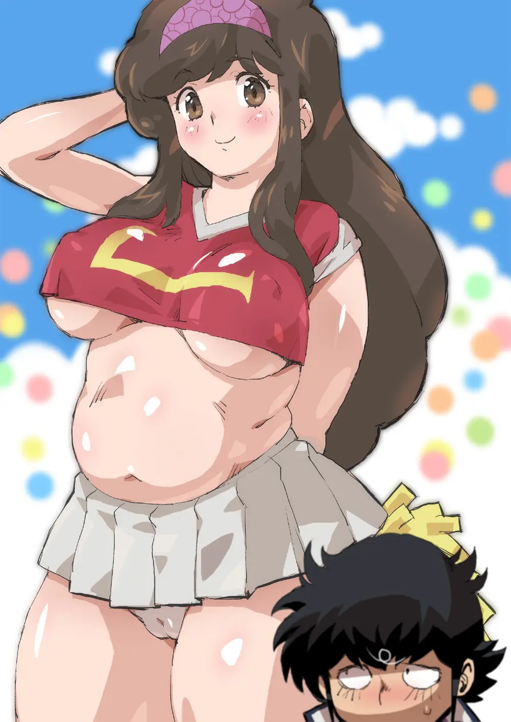 Image 1girls,blush,breasts,brown_eyes,clothing,female,highres,large_breasts,long_hair,looking_at_viewer,shirt,smile,standing,very_long_hair,1boy,black_hair,male,navel,sweat,panties,underwear,2021,female_focus,thick_thighs,thighs,wide_hips,bare_shoulders,hairband,midriff,underboob,brown_hair,sweatdrop,cameltoe,miniskirt,skirt,looking_at_another,white_panties,revealing_clothes,pleated_skirt,chubby,smaller_male,nipple_bulge,height_difference,arm_up,crop_top,looking_up,arm_behind_head,bare_arms,cheerleader,red_shirt,pom_poms,grey_skirt,undersized_clothes,purple_hairband,petitdry,aoba_shunsuke,asaoka_natsumi,the_kabocha_wine