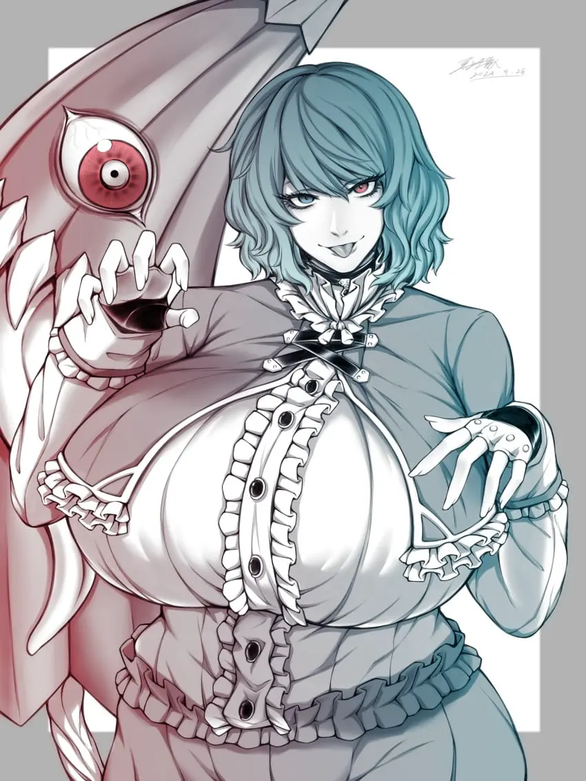 Image 1girls,big_breasts,breasts,clothed,female,large_breasts,looking_at_viewer,red_eyes,shirt,solo,standing,touhou,blue_eyes,blue_hair,gloves,short_hair,tongue_out,tongue,humanoid,wide_hips,hips,clothed_female,huge_breasts,2d,breasts_bigger_than_head,monster,monster_girl,dress,skirt,artist_signature,alternate_breast_size,heterochromia,2024,fingerless_gloves,blue_eye,red_eye,umbrella,youkai,source,kogasa_tatara,tatara_kogasa,blacksmith,elun_(meido)
