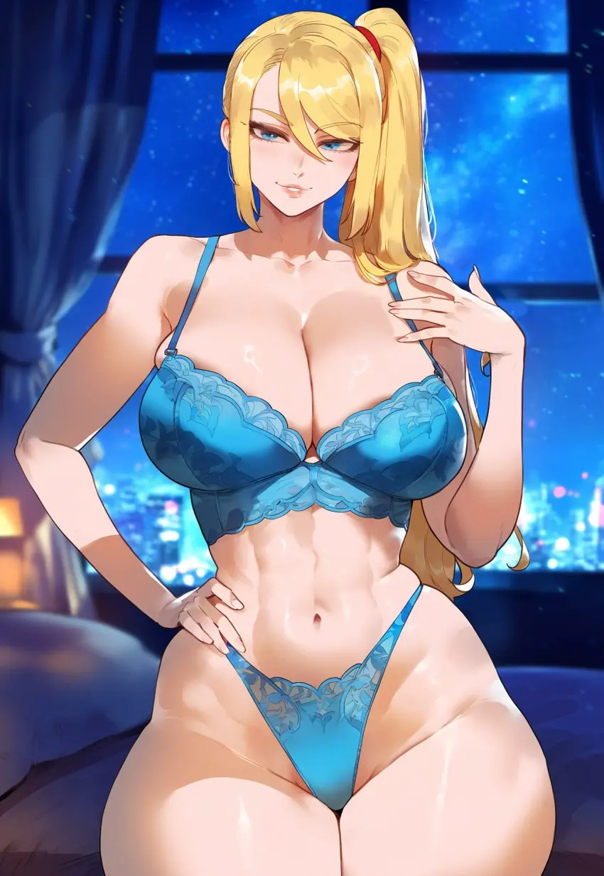Image 1girls,big_breasts,breasts,female,female_only,solo,blue_eyes,bra,female_focus,thick_thighs,thighs,wide_hips,ai_generated,cleavage,lingerie,huge_breasts,blonde_hair,curvy,nintendo,bimbo,metroid,samus_aran,thiccwithaq_(ai_style),highleg_panties,creamy_ai,blue_lingerie